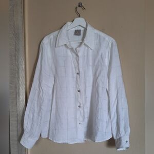 Poetry 100% Linen Windowpane Weave Button Down Top Lagenlook Coastal Beachy